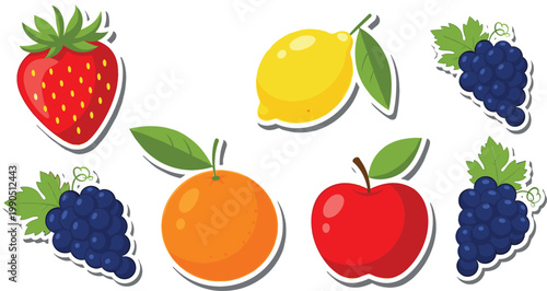 Fresh fruit stickers collection with strawberry, lemon, orange, apple and grapes, colorful healthy food icons set in cute vector style