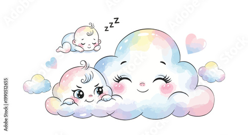 Smiling Cloud with Sleeping Cartoon Characters.