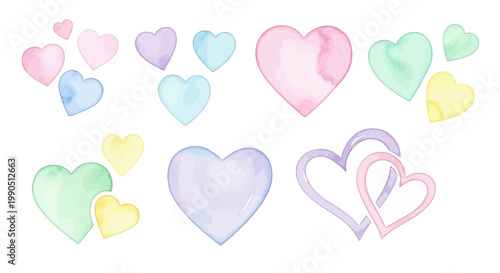 Collection of pastel colorful heart shapes.