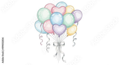 Colorful balloons tied with ribbon.
