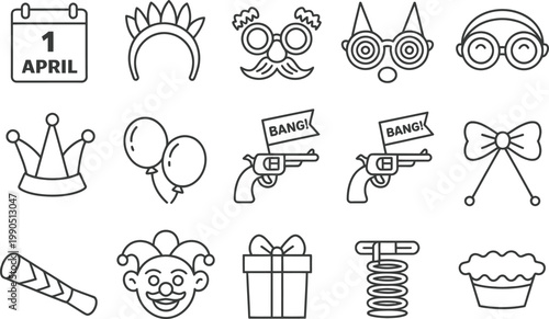 April Fools Day Icons Set Line Art calendar