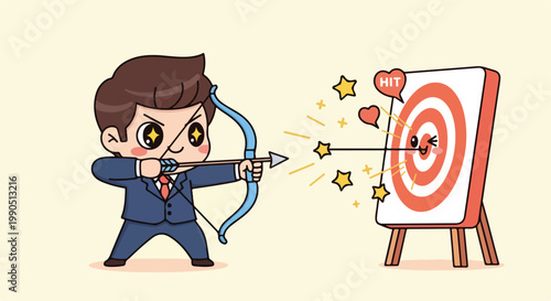 Businessman in a suit aiming a bow and arrow at a target representing goal achievement and success