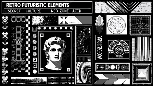 A retro futuristic collage featuring classical sculpture geometric shapes and digital elements