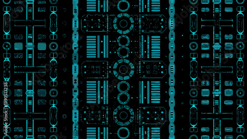 Abstract teal and black geometric pattern resembling futuristic circuitry or complex data streams