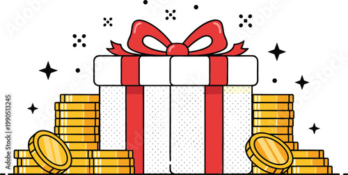 Gift Box with Red Ribbon and Stacks of Gold Coins Symbolizing Bonus, Cashback Reward, Financial Success and Promotional Offer Concept