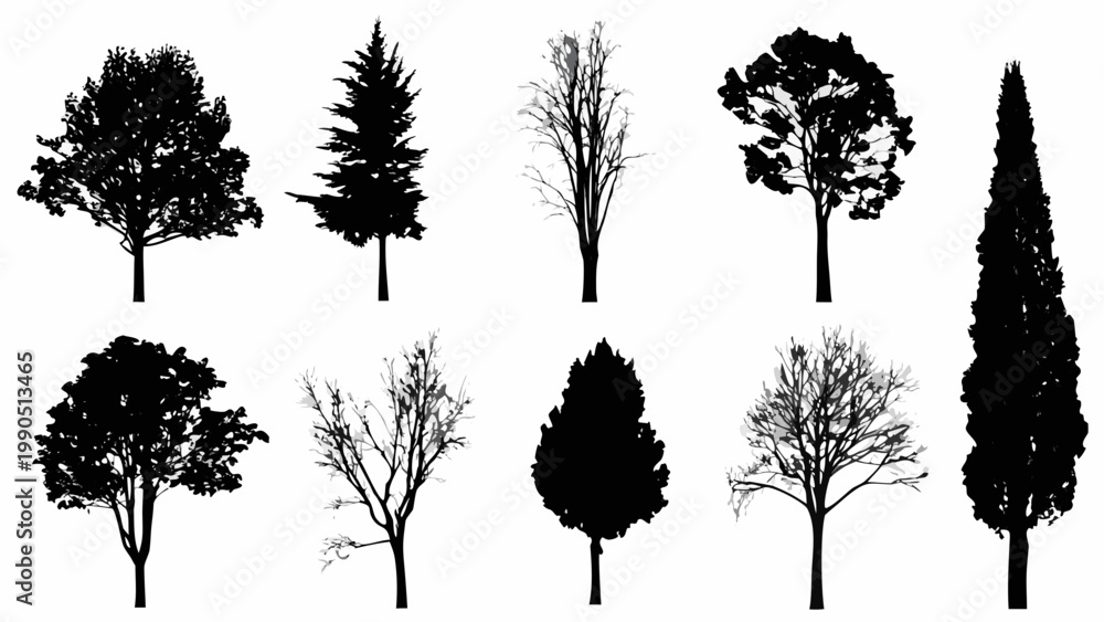 Obraz premium Collection of diverse tree silhouettes against a stark white background
