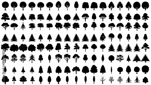 A collection of diverse tree silhouettes in varying shapes and sizes displayed on a white background