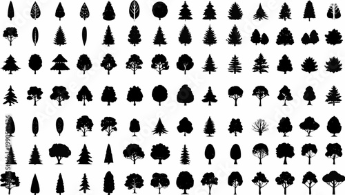 A collection of various black silhouette tree shapes arranged on a white background