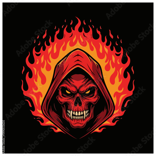 A menacing red hooded skeleton with glowing eyes surrounded by flames