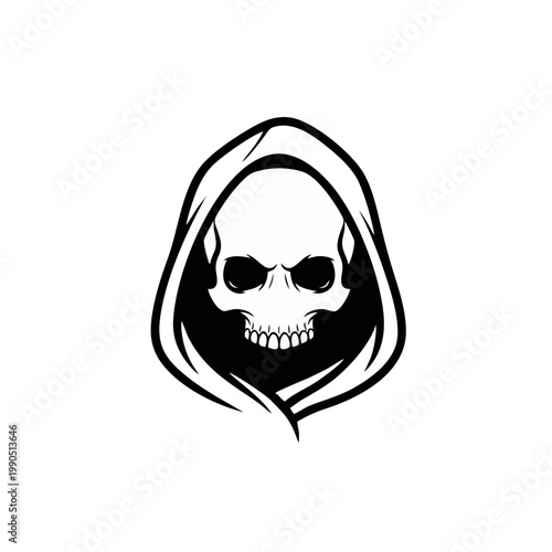A hooded skull illustration depicts a grim reaper with a menacing smile and dark eye sockets in a black and white graphic.