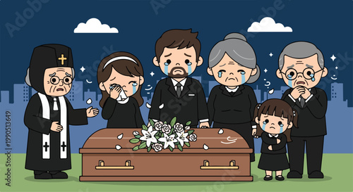 Family and friends gathered around a coffin during a funeral service at night with somber mood and cloudy sky