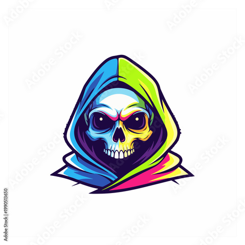A colorful illustration of a skull wearing a hooded cloak with a vibrant multicolor design.