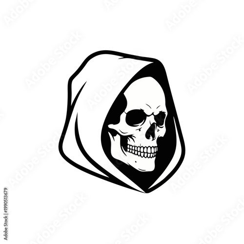 An illustration of a grimacing skull wearing a hooded cloak up close.