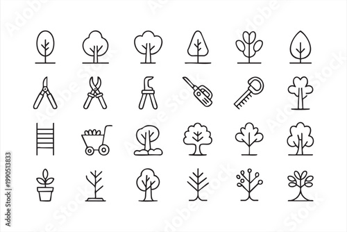 Nature tree icons, leaf branch garden tools line set for landscaping and cultivation