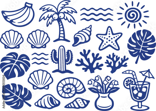A collection of hand drawn doodle illustrations featuring tropical summer themes and beach icons.