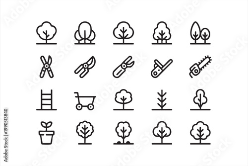 Gardening tool icons, tree plant pruning equipment collection for outdoor and nature use