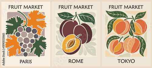 Three stylized fruit market posters. Each features unique produce with bold, flat colors. Paris, Rome, and Tokyo label each design. Leafy vines frame clusters of grapes, plums, and peaches