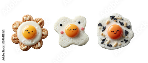 Three whimsical, smiling egg-shaped characters arranged playfully on a bright background