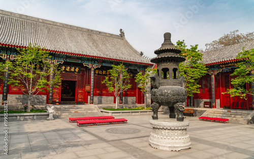 Traditional Courtyard and Bronze Incense Burner at Dabei Monastery in Tianjin