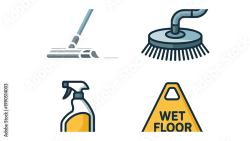 Cleaning Essentials: A collection of cleaning icons showcasing the tools of the trade, perfect for illustrating cleanliness and hygiene.