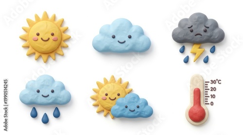 Cute weather icons showcasing sun, clouds, rain, and thermometer for forecasts