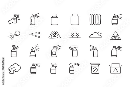 Aerosol spray icons, bottle nozzle splatter gun collection for cosmetic and graffiti design