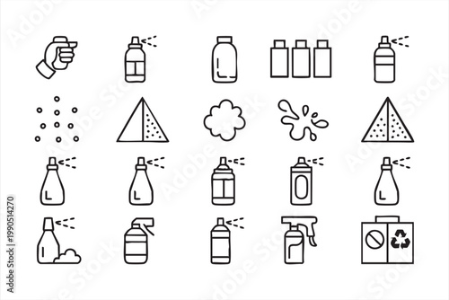 Spray bottle icons, aerosol paint mist nozzle set for cleaning and industrial application