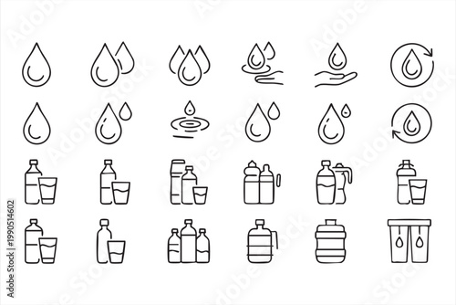 Liquid water icons, droplet bottle glass refill collection for health and sanitation use