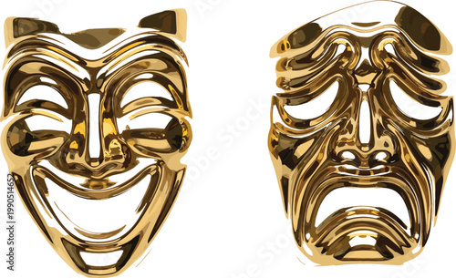 Golden Theater Masks Illustration Featuring Comedy and Tragedy Faces with Shiny Metallic Finish for Drama, Performance, and Entertainment Design Concepts