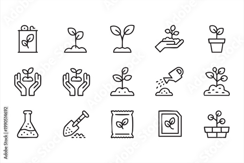 Plant cultivation icons, seedling growth watering fertilizer tools collection for gardening use