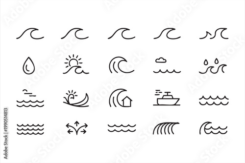 Coastal wave icons, ocean surf ripple symbols collection for travel and marine design