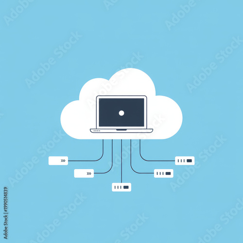 Cloud computing concept with laptop and connected devices on blue background