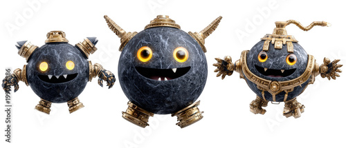 Three whimsical spherical characters with metallic features and glowing eyes, set against a plain background