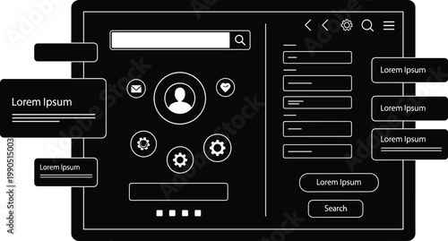 Detailed schematic illustration of a complex control panel with various gauges buttons and display screens