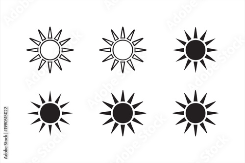 Sun solar icons, sunlight rays symbols collection for weather and energy design