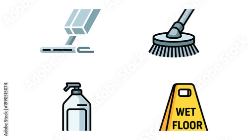 Cleaning Essentials: A curated collection of cleaning tools, a floor mop, brush, spray bottle and a wet floor sign, essential for maintaining pristine spaces, embodying cleanliness and care.