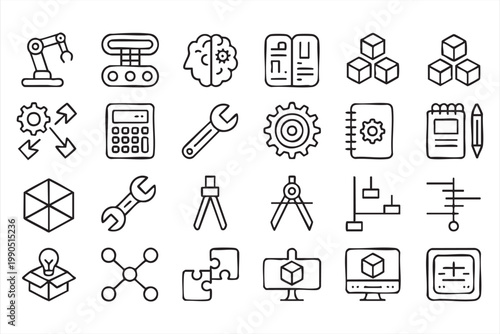 Engineering automation icons, robot conveyor gear tools set for industrial design and production
