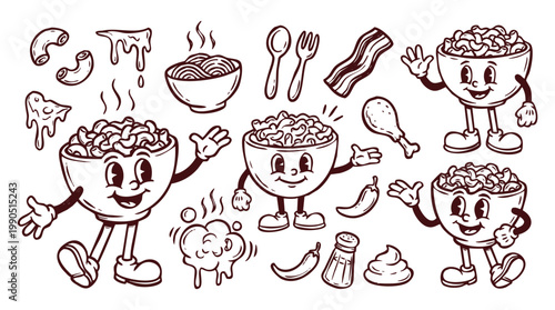 Vintage 1930s Cartoon Macaroni and Cheese Bowl Mascot and Toppings Set