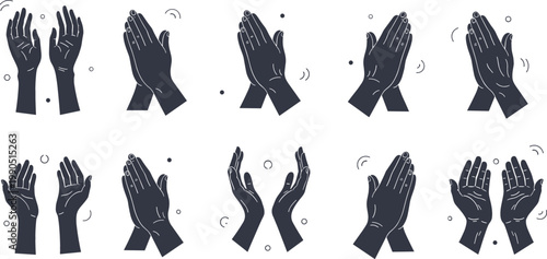 Hand clapping gestures set with different applause positions, human hands silhouettes for celebration, appreciation and performance feedback vector illustration