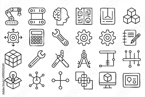 Automation engineering icons, robot arm conveyor gear set for manufacturing and system design