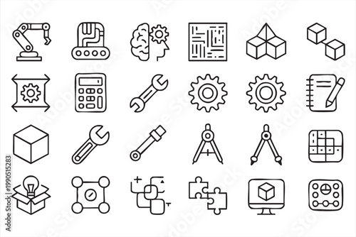 Engineering tools icons, automation robot gear blueprint collection for industrial development