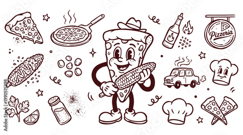 Vintage 1930s Cartoon Pizza Slice Mascot and Pizzeria Ingredient Set