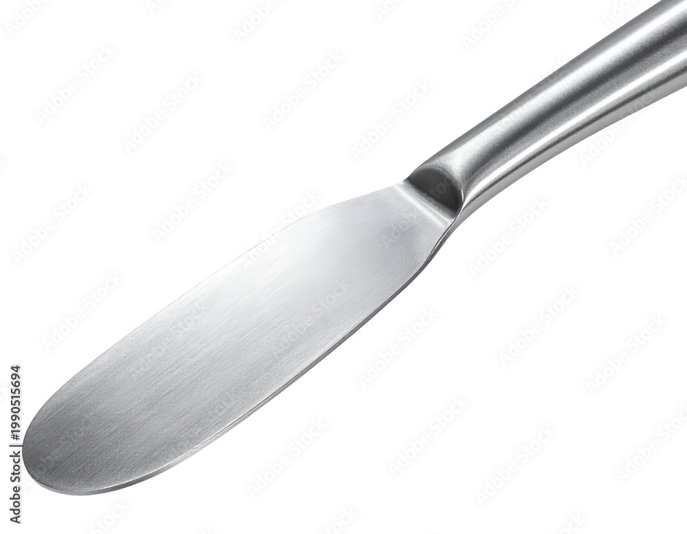 Fototapeta premium Stainless steel flat spatula with rounded blade and polished metal handle on isolated background
