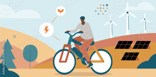Man riding electric bicycle with wind turbines and solar panels in background eco friendly electric bike e bike renewable energy solar power green energy active lifestyle alternative