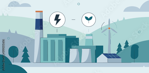 Industrial complex with power plant wind turbines cooling towers renewable energy environmental issues alternative energy production industrial site infrastructure heavy industry