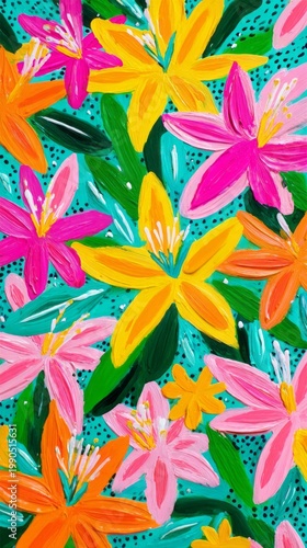 Bright flowers in yellow, pink, and orange fill the space, showcasing a vibrant acrylic pattern. This artwork highlights the beauty and liveliness of summer blooms as they bring joy