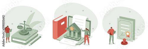 Legal justice and court system illustration with scales of justice statue flat illustration legal services advice proceedings law firm process documents