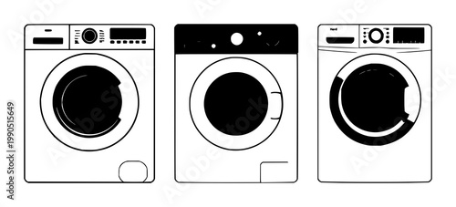 Photos Washing machine set with black silhouette on white background featuring washing