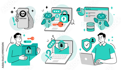 Online security and digital threat prevention illustration with cyber attack data breach information security internet network personal data privacy protection