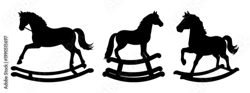 Rocking horse set with black silhouette on white background featuring horse, playground, equestrian with silhouette and background